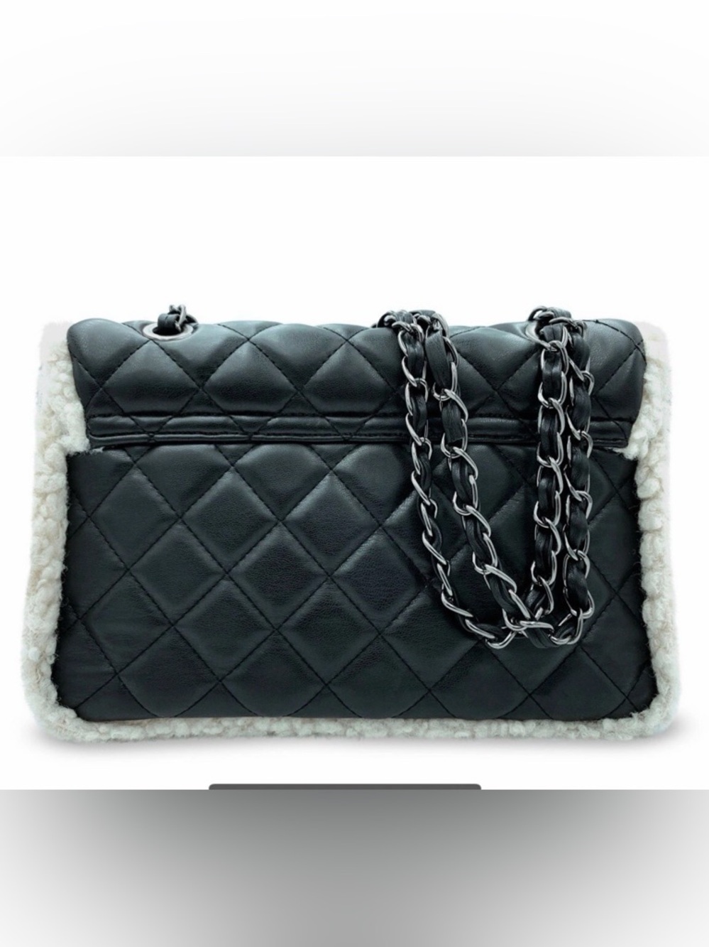Gilda Paris Black Quilted Shoulder Bag with White Shearling Trim and Chain Strap - Picture 5 of 16